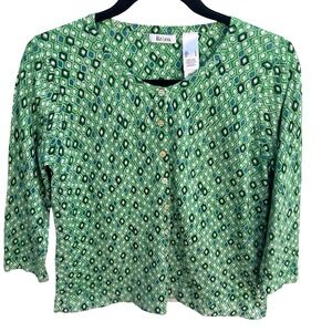 Liz & Co Womens Green‎ Geometric Diamond Print 3/4 Sleeve Cotton Cardigan Large